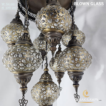 9 Laser Blown Globe Ottoman Mixed Chandeliers, Clear Globe Hanging Lights, Moroccan Chandeliers, Turkish Pendant Ceiling, Restaurant, Living Room Lightings