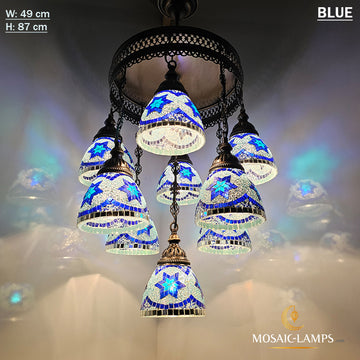 9 Mixed Funnel Globe Turkish Mosaic Sultan Chandelier Set, Handmade Moroccan Hanging Lights, Living Room, House Entrance Large Ceiling Lamps
