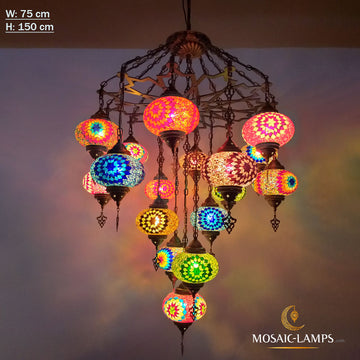 17 Globe Moroccan Big Chandelier Set, Laser Metal Turkish Mosaic Multicolor Globe Lamps, Living Room Huge Lights, Entrance Hanging Lamp
