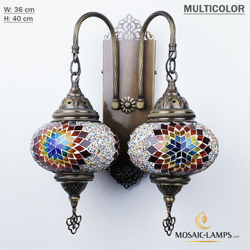 2 Globe Moroccan Wall Lamp Large, Laser Metal Turkish Mosaic Decorative Wall Lamp with 2 Heads, Antique Bohemian Wall Sconce, Colorful Mosaic Double Wall Lamp