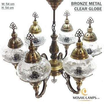 6 Arms Turkish Ceiling Lamp, Six Globe Ottoman Chandelier, Bronze& Silver Metal, Living Room, Restaurant, Cafe, Hotel, Villa, Bedroom Lights