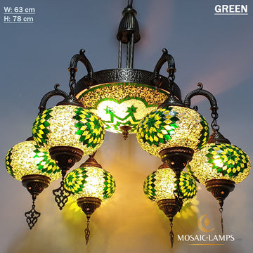 7 Color, 6+1 Globe Candlestick Living Room Chandelier, Brass Metal Handmade Turkish, Moroccan Authentic Mosaic Lamp, Bedroom Hanging Lamps