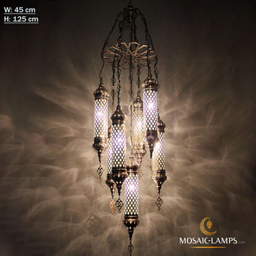 7 Laser Blown Pipe Globe Moroccan Chandelier Sets, Ottoman Lighting Hanging Lamps, Authentic Metal Turkish Lights, Living Room, Bedroom, Hotel