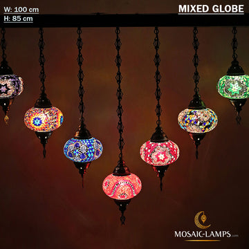 7 Globe Bar Turkish Kitchen Island Chandelier, Colourful Mosaic Ottoman Dining Table Light Lamp, Restaurant Bar Lamps, Cafe Lamp, Hotel Lamp