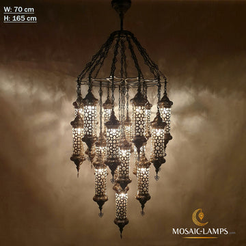 17 Blown Globe Big Ottoman Chandelier, Laser Cut Metal and Handmade Moroccan Chandelier Blown into a Metal Cage, Living Room Lights