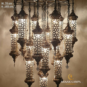 17 Blown Globe Big Ottoman Chandelier, Laser Cut Metal and Handmade Moroccan Chandelier Blown into a Metal Cage, Living Room Lights