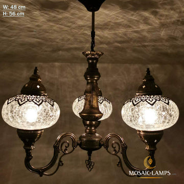 Clear 3 Globe Handmade Turkish Moroccan Arabian Eastern Bohemian Crackle Glass Ceiling Hanging Chandelier Lamps Home Decor, Living Room