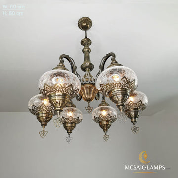 6 Globe Brass Metal Candlestick Chandelier, Clear Ball Moroccan Authentic Ceiling Lantern Lamp, Pendant Light Fixture Lighting, Living Room Lights