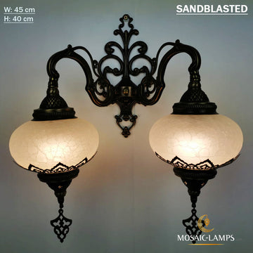 Ottoman Sandblasted Double Wall Sconces, Cracked Clear Sandy Globes Moroccan Wall Lamps, Bedroom, Living Room, Bathroom Wall Lights
