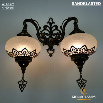 Ottoman Sandblasted Double Wall Sconces, Cracked Clear Sandy Globes Moroccan Wall Lamps, Bedroom, Living Room, Bathroom Wall Lights