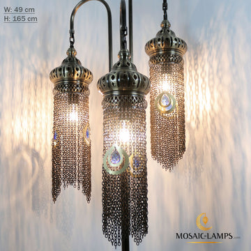 Ottoman Knitted Chain 3 Globe Floor Lamp, Moroccan Bedside Lights, Authentic Floor Lamps, Metal Floor Lamps, Restaurant Floor Lighting