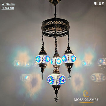 3+1 Globe Turkish Mosaic Sultan Chandelier Set, Handmade Moroccan Hanging Lights, Living Room, Hall, House Entrance Large Ceiling Lamps