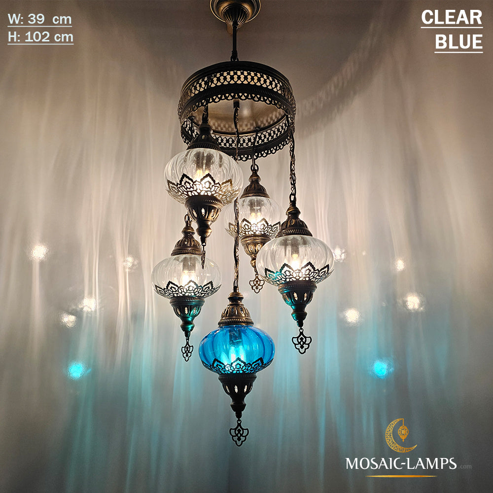 5 Globe Clear Optical Mixed Chandelier, Ottoman, Moroccan Style Living Room Lamps, Blown Glass Chandeliers, Clear Colored Sphere, Restaurant