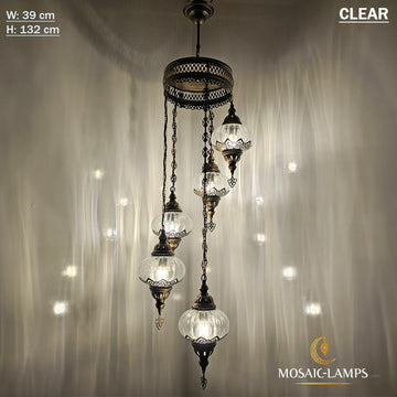 5 Globe Lights with Blown Glass Optic, Spiral Design Clear Ottoman Chandelier, Moroccan Spiral Chandelier, Stair Lights, Cafe, Restaurant