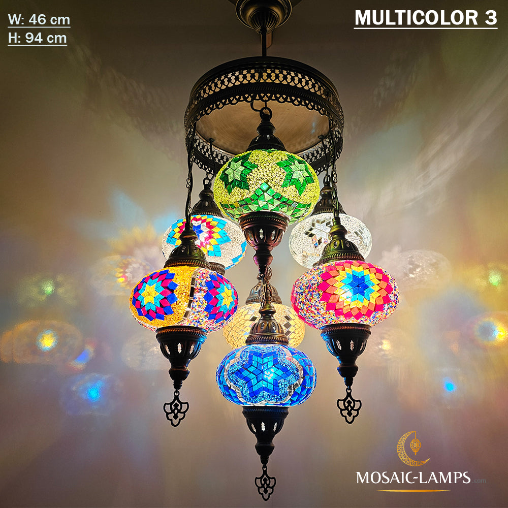 7 große Kugel-Sultan-Kronleuchter, türkische Mosaik-Kronleuchter-Sets mit sieben Kugeln, marokkanische Wohnzimmer-Mosaik-Pendelleuchten, Restaturant-Lampen