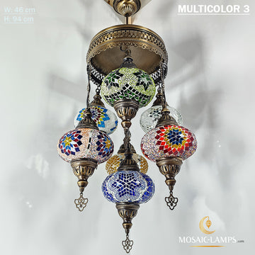 7 candelabro de sultán de globo grande, conjuntos de candelabro de siete bolas de mosaico turco, luces de mosaico colgante marroquí de sala de estar, lámparas de restaurante