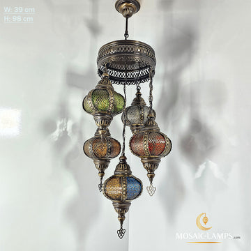 Byzantine Globe Chandelier, 5 Ball Syrian Lights, Mixed Arrangement Metal Chandelier in Different Colors, Restaurant, Cafe, Living Room