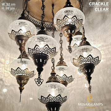 9 Clear Crackle Globe Ottoman Mixed Chandelier, Living Room Lights, Kitchen And Dining Lamp, Moroccan Stair Lighting