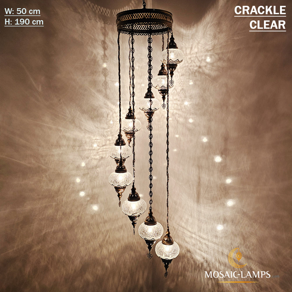 Clear Crack 9 Globe Spiral Chandelier, Stairwell, Hallway, Restaurant, Entrance, Living Room, High Ceiling Lamps, Ottoman Moroccan Lights