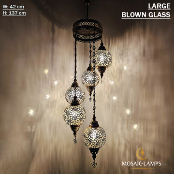 Large Blown Globe Spiral Chandelier, Set of 5 Ball Ottoman Lamps, Moroccan Restaurant Lights, Living Room Lamp, Clear Blown Glass Lighting