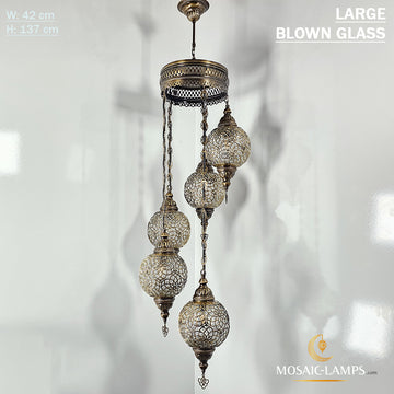 Large Blown Globe Spiral Chandelier, Set of 5 Ball Ottoman Lamps, Moroccan Restaurant Lights, Living Room Lamp, Clear Blown Glass Lighting