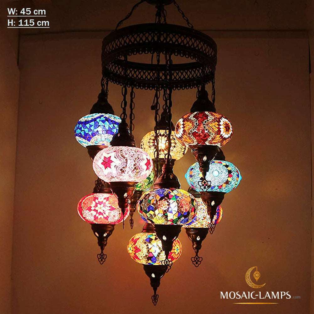 10 Globe Mixed Turkish Chandelier, Handmade Moroccan Hanging Lights, Sultan Sets Living Room Chandelier, Restaurant Hallway Chandeliers