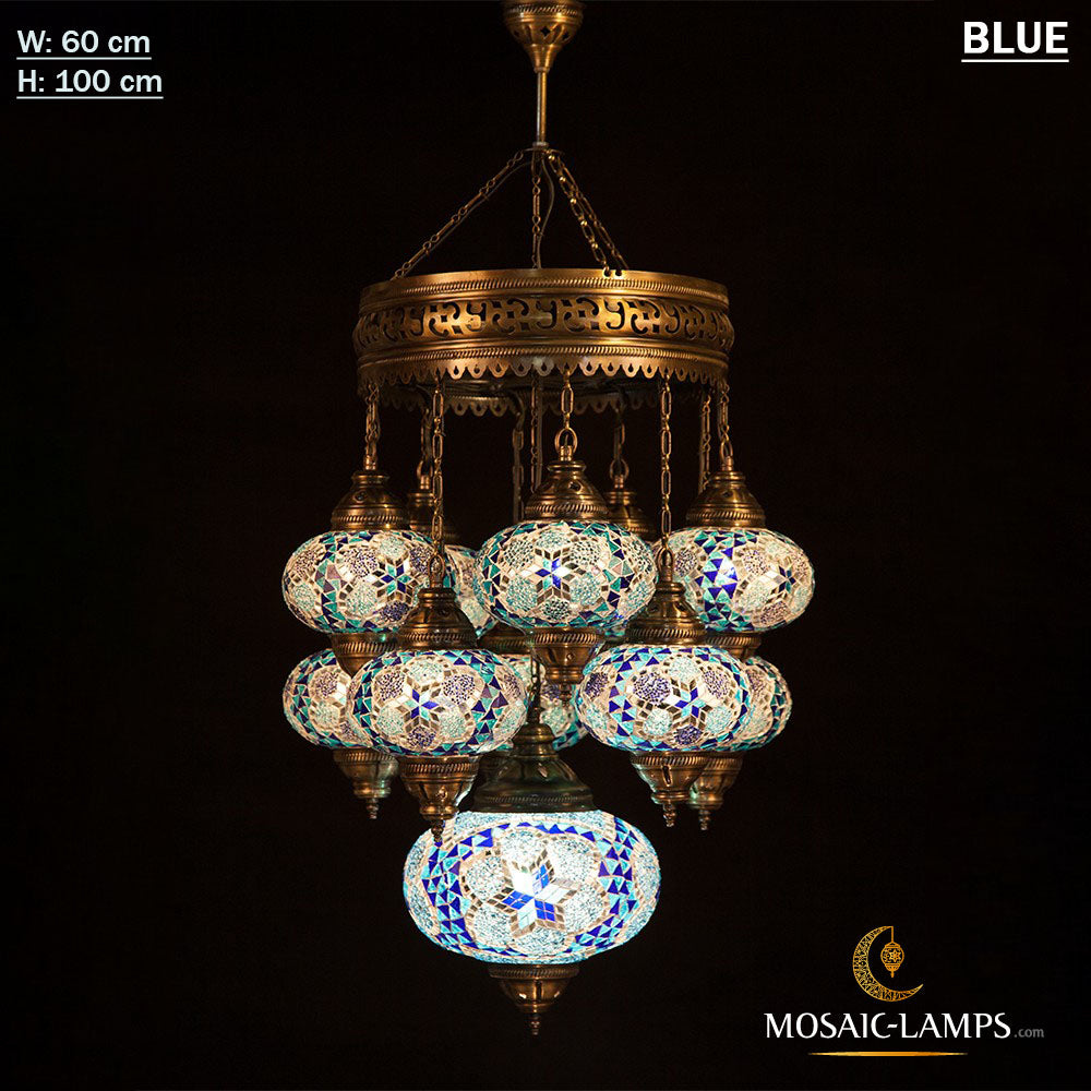 10+1 Globe Turkish Mosaic Sultan Chandelier Set, Handmade Moroccan Han