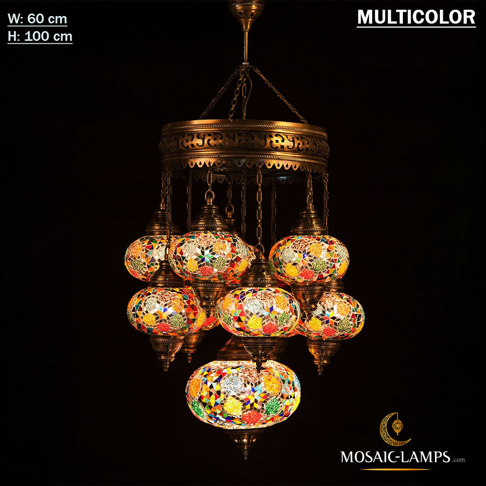 10+1 Globe Turkish Mosaic Sultan Chandelier Set, Handmade Moroccan Han