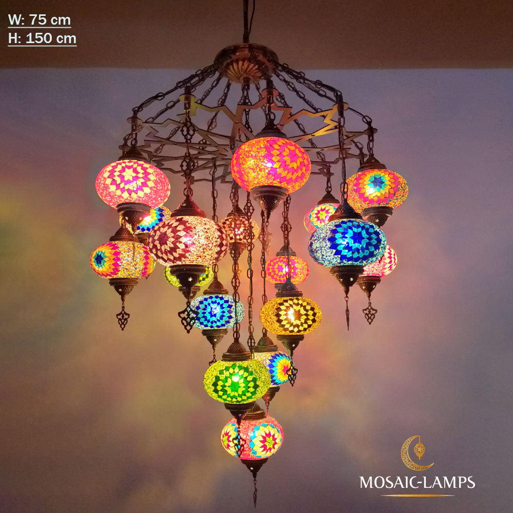 17 Globe Moroccan Big Chandelier Set, Laser Metal Turkish Mosaic Multicolor Globe Lamps, Living Room Huge Lights, Entrance Hanging Lamp