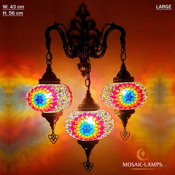 Aplique de pared con 3 globos grandes, mosaico turco, lámpara de pared triple marroquí, luces de pared con 3 bolas multicolor
