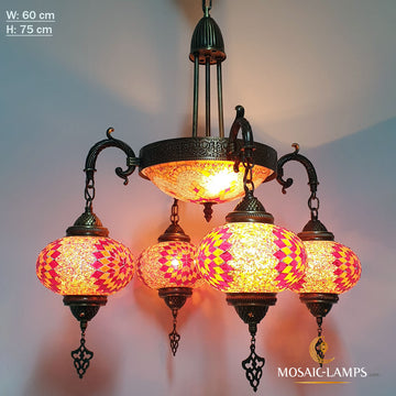 7 Color, 4+1 Globe Candlestick Living Room Chandelier, Brass Metal Handmade Turkish, Moroccan Authentic Mosaic Lamp, Bedroom Pendant Lights