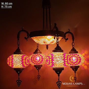 7 Color, 4+1 Globe Candlestick Living Room Chandelier, Brass Metal Handmade Turkish, Moroccan Authentic Mosaic Lamp, Bedroom Pendant Lights