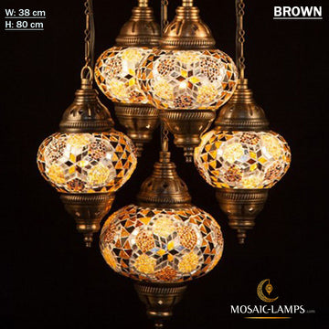 4+1 Globe Turkish Mosaic Sultan Chandelier Set, Handmade Moroccan Hanging Lights, Living Room, Hall, House Entrance Large Ceiling Lamps