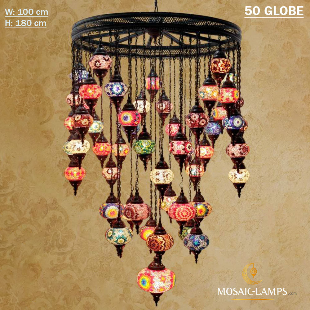 50 Globe Huge Turkish Chandelier, Ottoman 50 Spheres Big Lighting, Living Room, Hall, Villa, Restaurant, Palace, Hotel, Plaza, Office Lamps