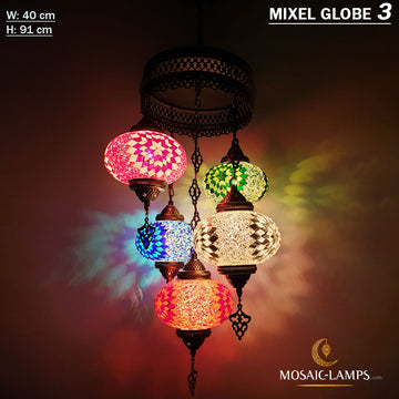 5 Large Mixed Color Globe Turkish Mosaic Sultan Chandelier Set, Handmade Moroccan Hanging Lights, Living Room, Hall, House Entrance Large Ceiling Lamps