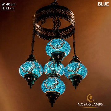 Candelabro de sultán de 5 globos medianos, juegos de candelabros de mosaico turco de bolas, luces de mosaico colgantes marroquíes de cinco globos, luz de restaurante