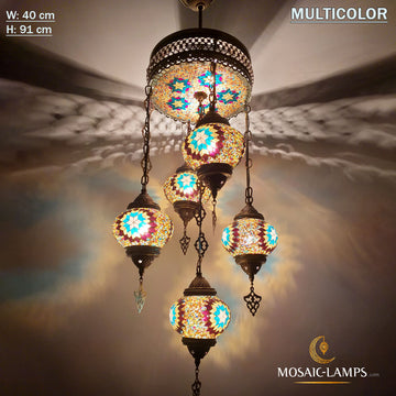 5 + 1 candelabros turcos de mosaico de globo, conjuntos de iluminación de círculo de mosaico de asentamiento mixto, lámparas colgantes de sala de estar, luz de dormitorio, luz colorida