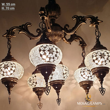 6 Globe Brass Metal Candlestick Living Room Chandelier, Handmade Turkish Lights, Moroccan Authentic Mosaic Lamp, Living Room Tiffany Chandeliers