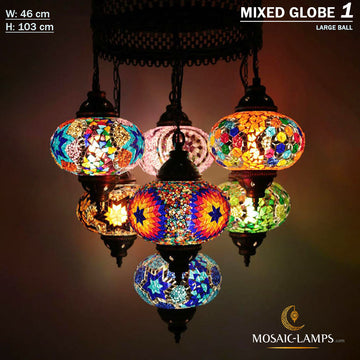 7 candelabro de sultán de globo grande, conjuntos de candelabro de siete bolas de mosaico turco, luces de mosaico colgante marroquí de sala de estar, lámparas de restaurante