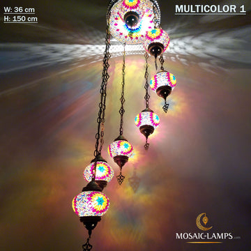 7 + 1 juegos de candelabros en espiral con círculo de globo, luces de mosaico turcas hechas a mano, lámparas de mosaico marroquí para sala de estar, lámparas colgantes de rueda de carro