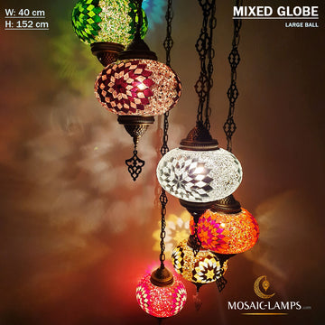 Lámpara de araña espiral turca de 7 globos grandes, juegos de lámparas de araña de mosaico turco de siete bolas, luces de mosaico colgantes marroquíes de sala de estar, luces de restaurante