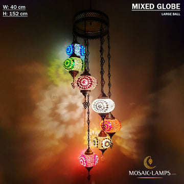 Lámpara de araña espiral turca de 7 globos grandes, juegos de lámparas de araña de mosaico turco de siete bolas, luces de mosaico colgantes marroquíes de sala de estar, luces de restaurante