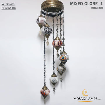 Lámpara espiral turca de 7 globos medianos, juegos de lámparas de araña de mosaico turco de siete bolas, luces de mosaico colgantes marroquíes para sala de estar, luces de restaurante