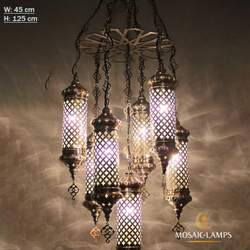 7 Laser Blown Pipe Globe Moroccan Chandelier Sets, Ottoman Lighting Hanging Lamps, Authentic Metal Turkish Lights, Living Room, Bedroom, Hotel