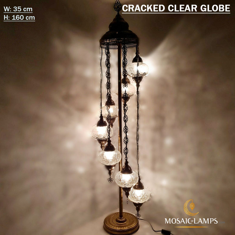 7 Cracked Clear Globe Turkish Floor Lamps, Living Room Bedside Floor Lights, Bedroom Floor Lighting, Handmade Mosaic Ball Floor Lamp
