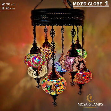 8 Mosaic Medium Ball Turkish Sultan Chandelier Lamps, Handmade Moroccan Lights, Living Room, Bedroom, Hall, Cafe, Restaurant, Kitchen & Dining Lamp