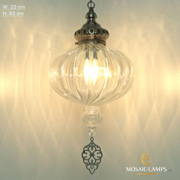 Luces colgantes grandes Pyrex Globe X de metal plateado antiguo, lámpara colgante de vidrio transparente óptico de una sola cadena, luces de techo auténticas hechas a mano otomanas
