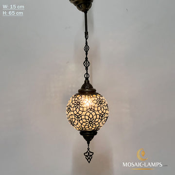 Lámpara colgante de globo de vidrio soplado de 15 cm, lámpara de techo marroquí, lámpara otomana de bola de vidrio soplado de metal láser, sala de estar, restaurante, dormitorio