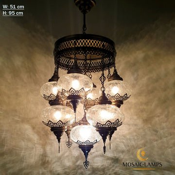 9 Clear Crackle Globe Ottoman Mixed Chandelier, Living Room Lights, Kitchen And Dining Lamp, Moroccan Stair Lighting