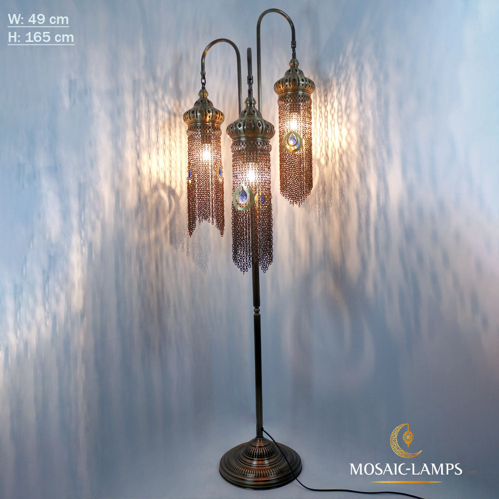 Ottoman Knitted Chain 3 Globe Floor Lamp, Moroccan Bedside Lights, Authentic Floor Lamps, Metal Floor Lamps, Restaurant Floor Lighting